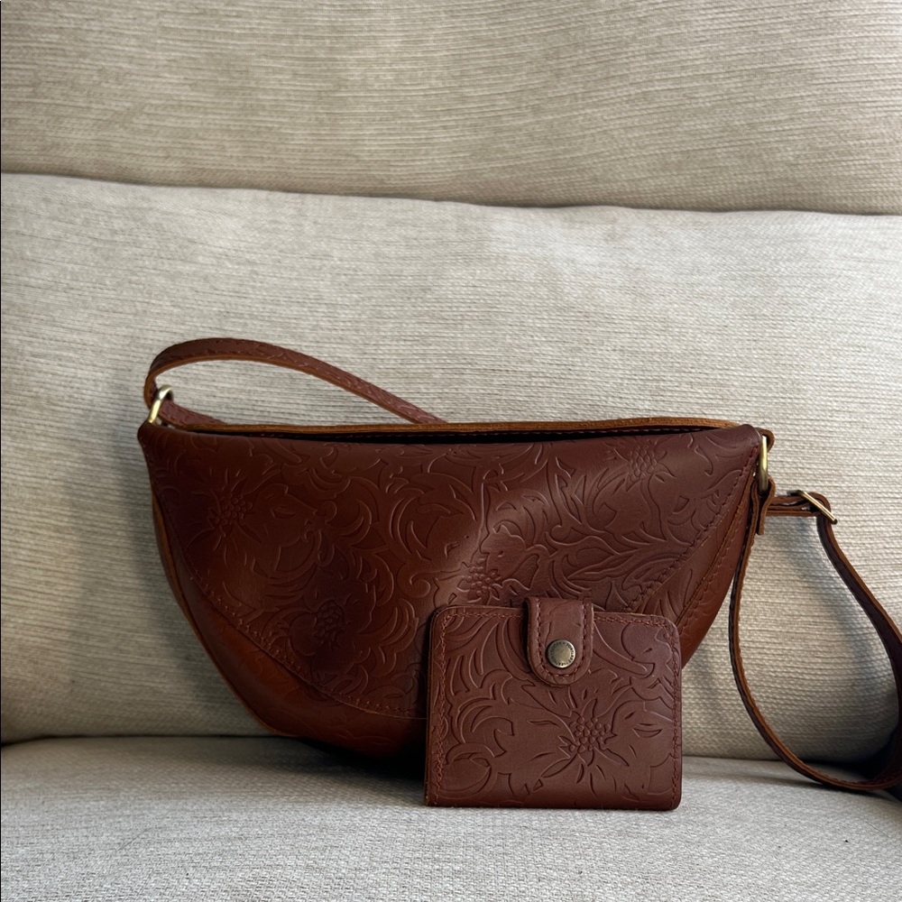 Embossed Brown Leather Crossbody Bag with Matching Wallet